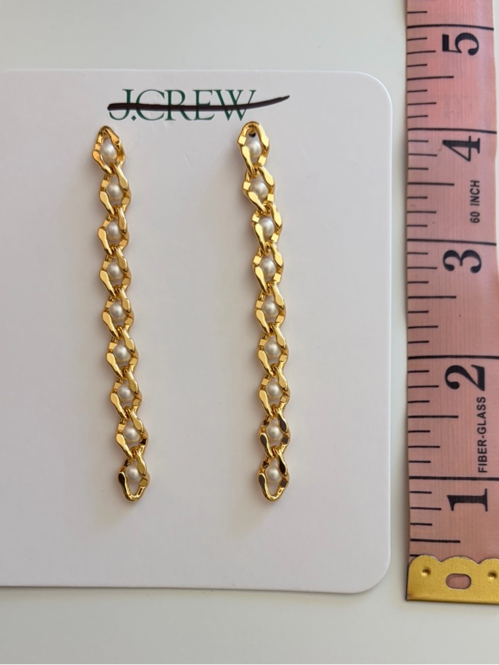 J. Crew Gold Chain-Link Pearl Drop Linear Earrings NEW - Picture 2 of 3